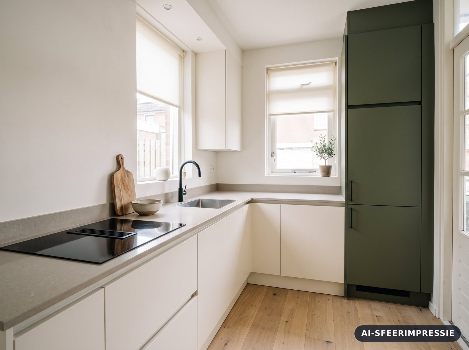 After: Gedateerde Nederlandse keuken en dezelfde keuken als renovatie-impressie