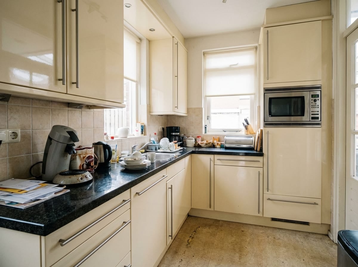 Before: Gedateerde Nederlandse keuken en dezelfde keuken als renovatie-impressie